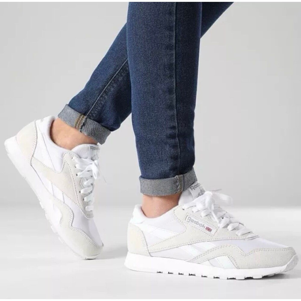 Reebok Womens Sz 8 Classic Suede Nylon White Gray Running Sneakers Shoes - New